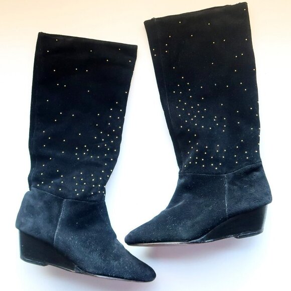 Anthropologie Matiko Black Suede Leather Gold Stud Wedge Heel Tall Boots Size 7 - Picture 13 of 13